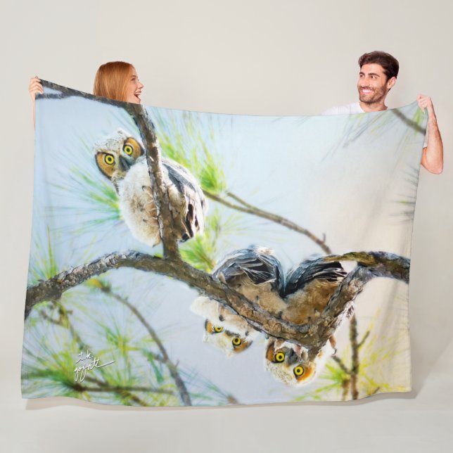 Funny Baby Great Horned Owls Wildlife Fine Art Pos Fleece Blanket (In Situ)