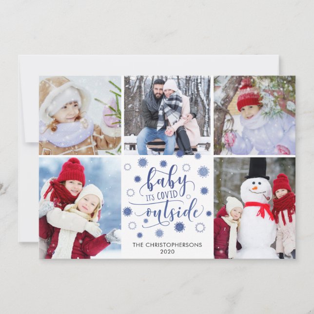 Funny BABY ITS COVID OUTSIDE 5 Photos Blue Holiday Card (Front)