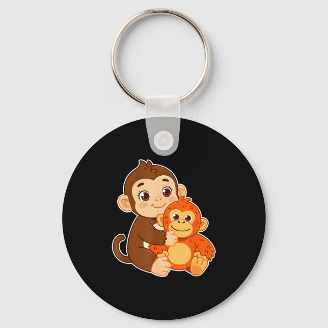 Funny baby monkey with stuffed animal tee graphic key ring (Front)