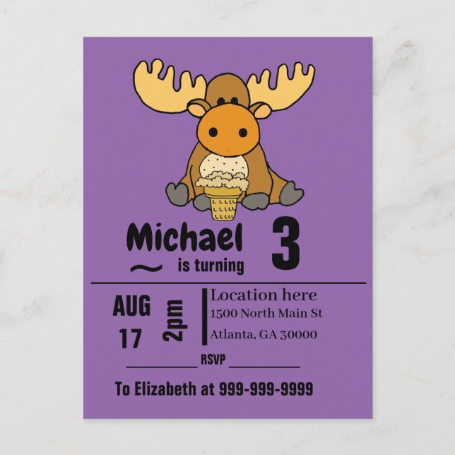 Funny Baby Moose eating Ice Cream Birthday Party Invitation Postcard (Front)