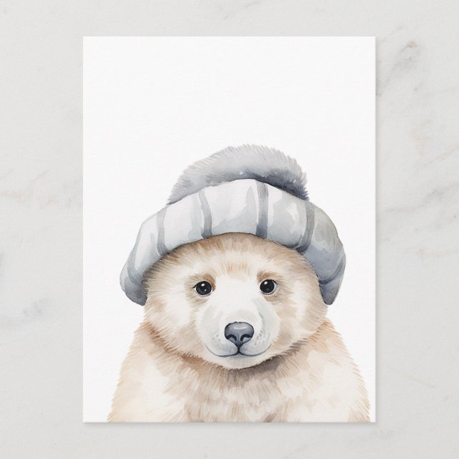 Funny baby polar bear wearing a bonnet in watercol postcard (Front)