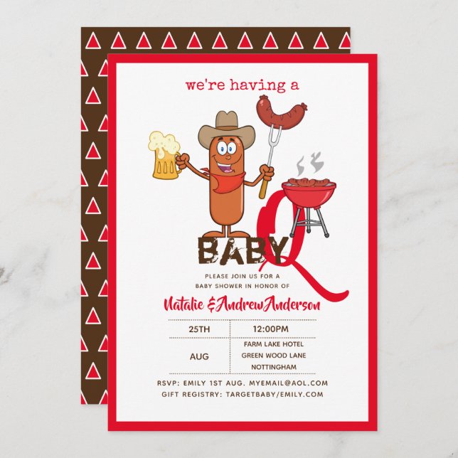 Funny Baby-Q BBQ Sausage Modern Boy Girl Invitation (Front/Back)