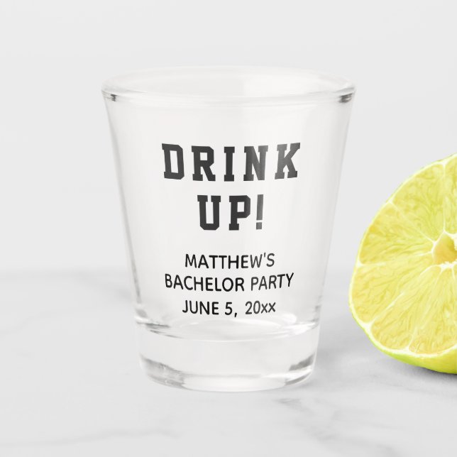 Funny Bachelor Party Drink Up Wedding Favour Shot Glass (Front)