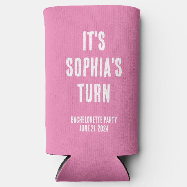 Funny Bachelorette Party Pink and White Wedding Seltzer Can Cooler (Front)