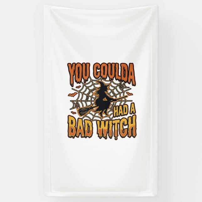 Funny Bad Witch Halloween Vintage Engraving Design Banner (Vertical)