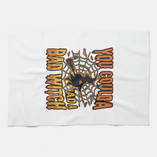 Funny Bad Witch Halloween Vintage Engraving Design Tea Towel