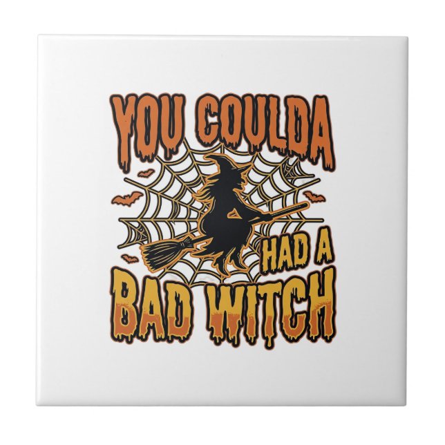 Funny Bad Witch Halloween Vintage Engraving Design Tile (Front)