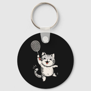 Funny Badminton Cat Cute Kitty Badminton Player Sh Key Ring