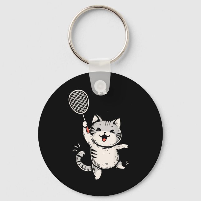 Funny Badminton Cat Cute Kitty Badminton Player Sh Key Ring (Front)