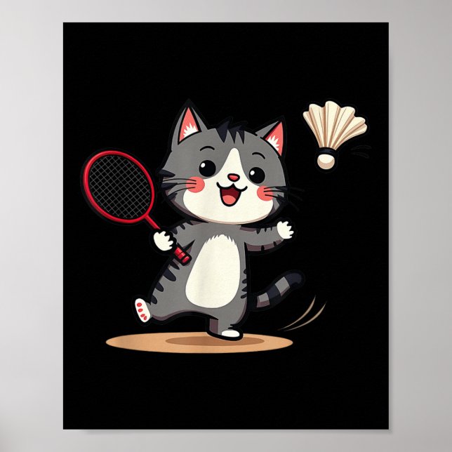 Funny Badminton Cute Cat Racket Shuttle Men Women  Poster (Front)