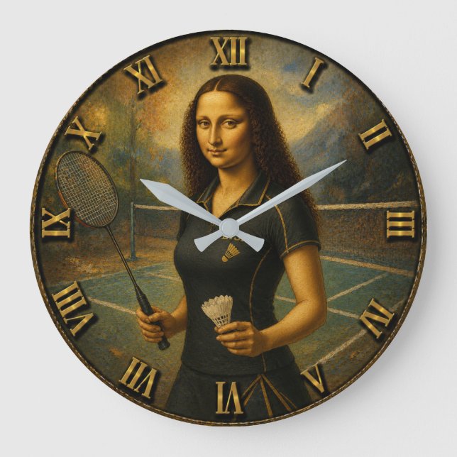 Funny Badminton Mona Lisa Shuttlecock Gift  Large Clock (Front)