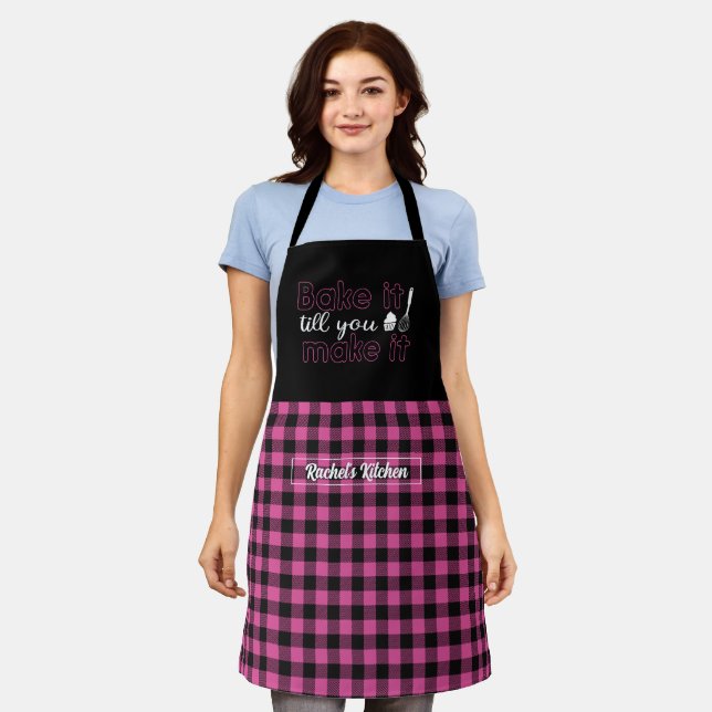 Funny Bake It Till You Make It Black Pink Plaid Apron (Worn)