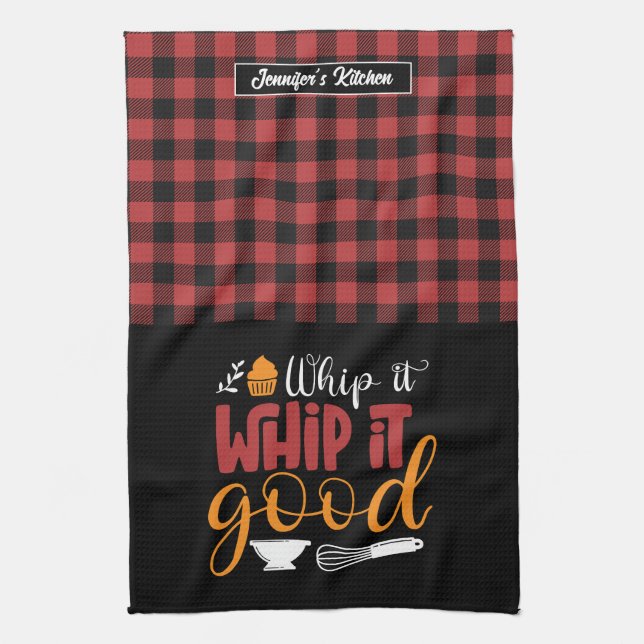 Funny Baker Pun Whip It Good Red Plaid Pattern Tea Towel (Vertical)