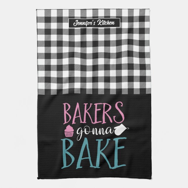 Funny Baking Bakers Gonna Bake Black White Plaid Tea Towel (Vertical)