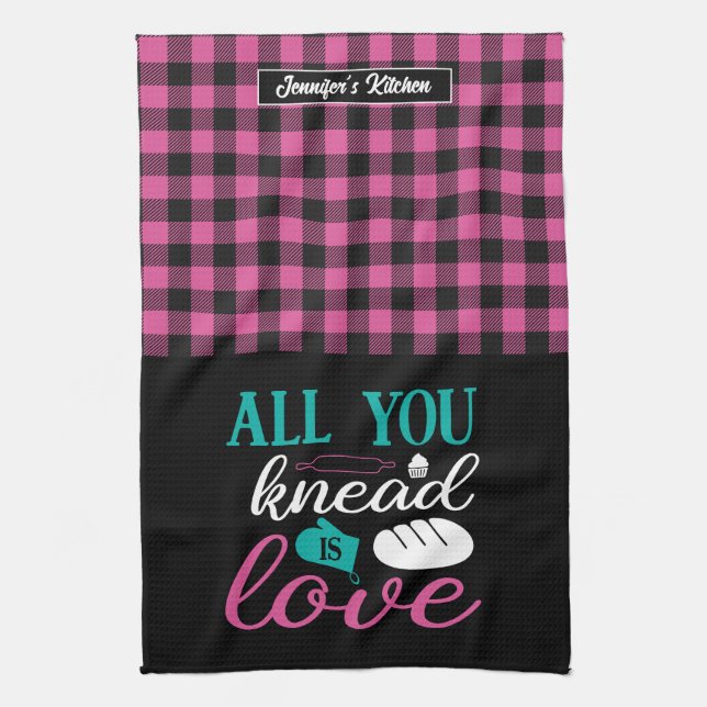 Funny Baking Bread All You Knead Is Love Plaid Tea Towel (Vertical)