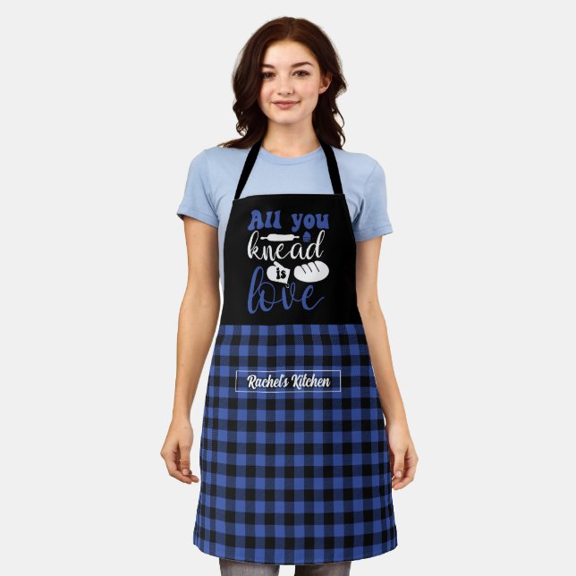 Funny Baking Bread Black Blue Plaid Pattern Apron (Worn)