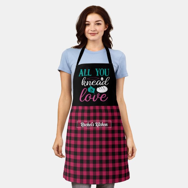 Funny Baking Bread Black Pink Plaid Pattern Apron (Worn)