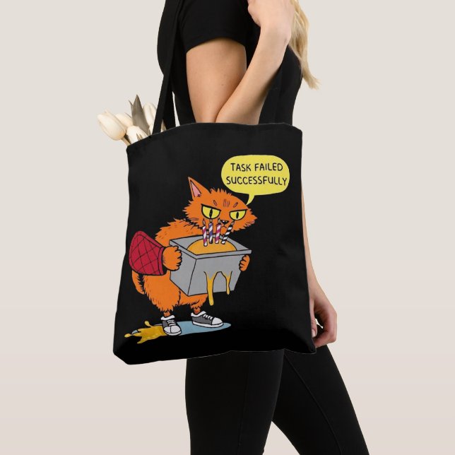 Funny Baking Cat: Task Failed Successfully Sticker Tote Bag (Close Up)