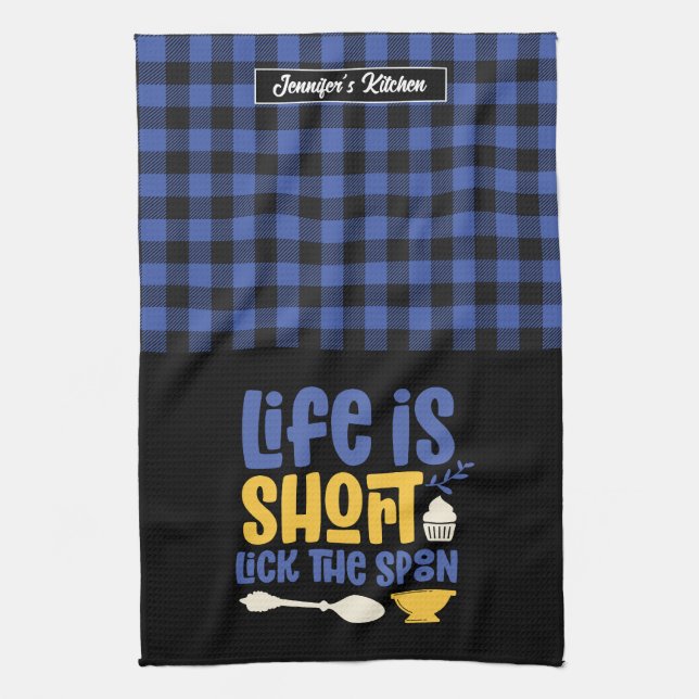 Funny Baking Life Is Short Lick The Spoon Plaid Tea Towel (Vertical)