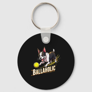 Funny Ballaholic Boston Terrier Dog Chasing Bostie Key Ring