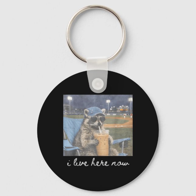Funny Ballfield Baseball Racoon Ice Coffee Live Key Ring (Front)