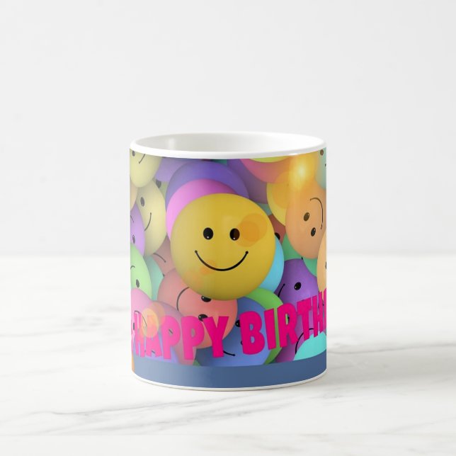 Funny Balloon Smiling Faces Happy Birthday Wishes Coffee Mug (Center)