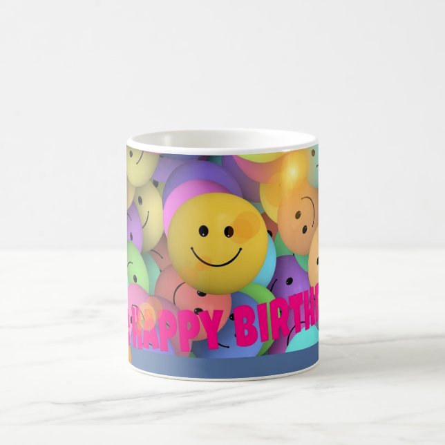 Funny Balloon Smiling Faces Happy Birthday Wishes Coffee Mug (Center)