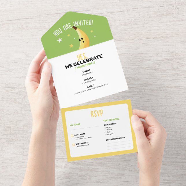 Funny Banana Pun Party pattern colourful - editabl All In One Invitation (Tearaway)