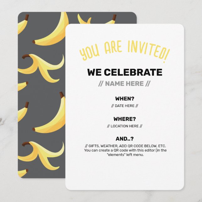 Funny Banana Pun Party pattern colourful - editabl Invitation (Front/Back)