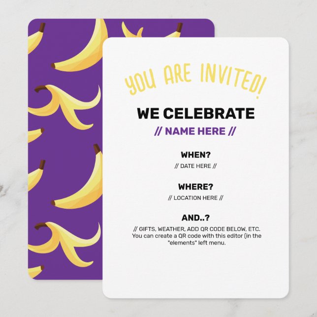 Funny Banana Pun Party pattern colourful - editabl Invitation (Front/Back)