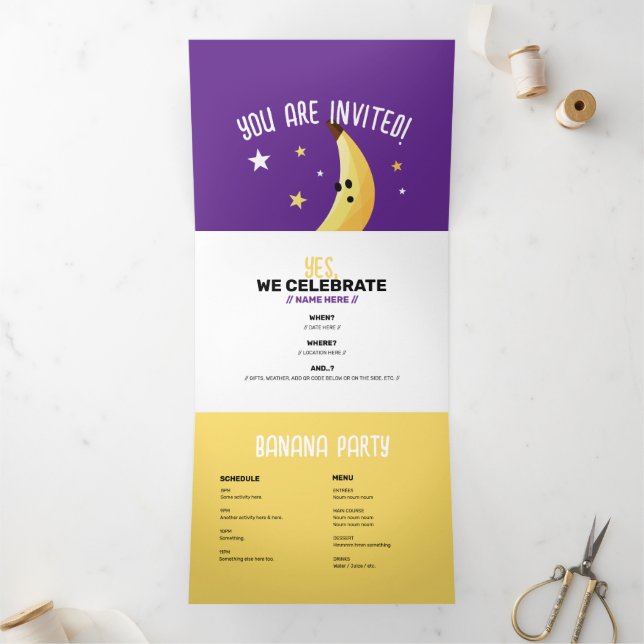 Funny Banana Pun Party pattern colourful - editabl Tri-Fold Invitation (Inside)