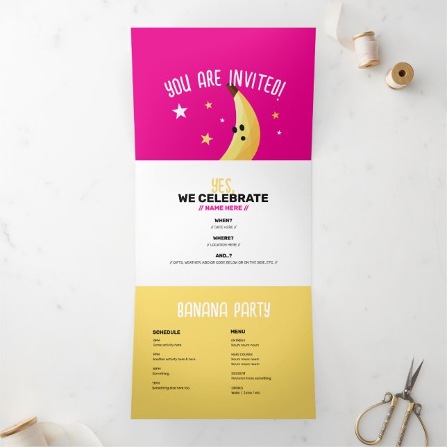 Funny Banana Pun Party pattern colourful - editabl Tri-Fold Invitation (Inside)