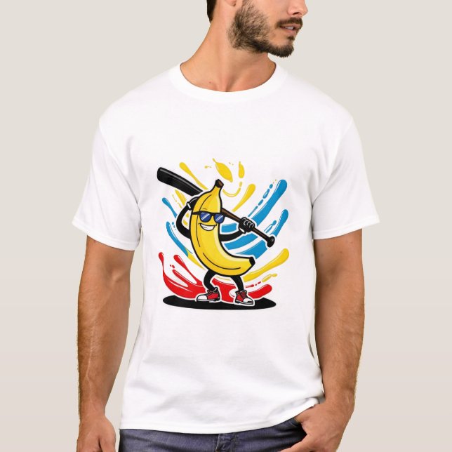 Funny Banana Swinging Baseball Funny Drip Mascot  T-Shirt (Front)
