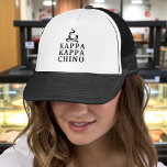 Funny Barista Kappa Kappa Chino Coffee Shop Trucker Hat<br><div class="desc">A stylish trucker hat that conveys a love of cappuccino with its “Kappa Kappa Chino” spin on Greek campus life and coffee shops! Featuring a playful steaming coffee cup graphic and bold black collegiate lettering on a black and white hat, this design is perfect for coffee lovers in sororities, fraternities,...</div>
