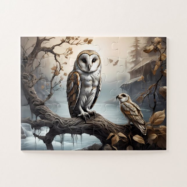 Funny Barn Owl sitting on Branch  Jigsaw Puzzle (Horizontal)