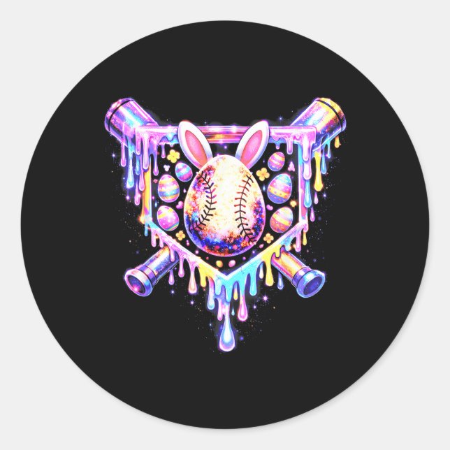 Funny Baseball Dripping Bunny Happy Easter Egg Classic Round Sticker (Front)