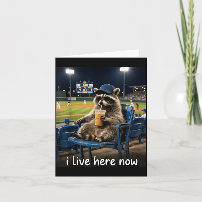 Funny Baseball Fan Racoon Drinking Iced Coffee Card (Front)
