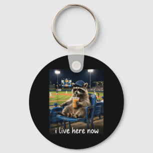 Funny Baseball Fan Racoon Drinking Iced Coffee Key Ring
