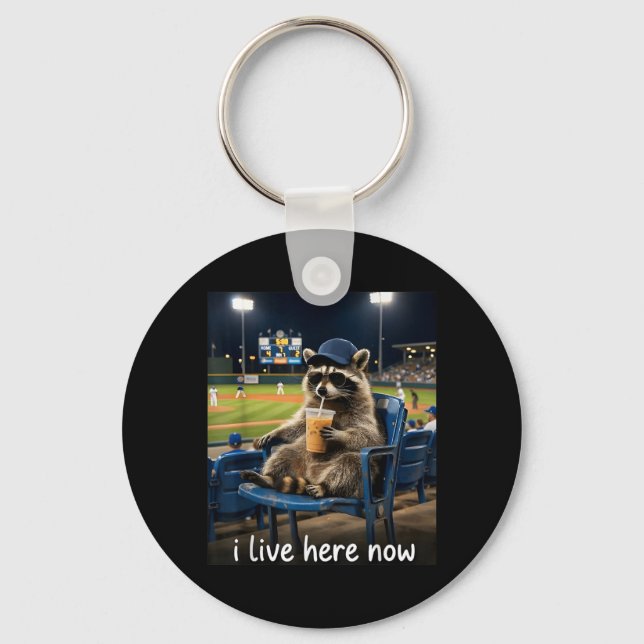 Funny Baseball Fan Racoon Drinking Iced Coffee Key Ring (Front)