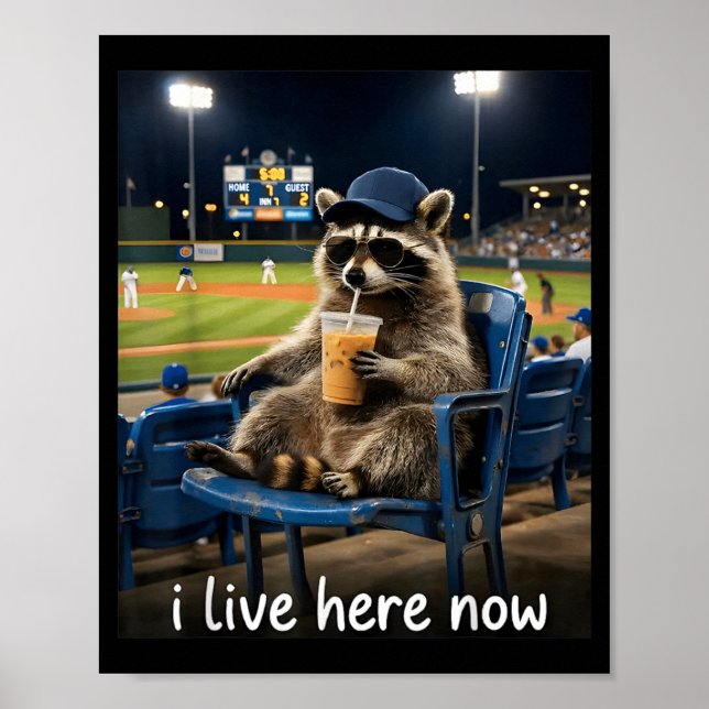 Funny Baseball Fan Racoon Drinking Iced Coffee Poster (Front)