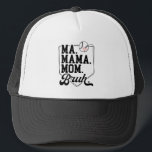 Funny Baseball Mum Bruh with Team Name and Number Trucker Hat<br><div class="desc">Minimalist baseball mum trucker hat design featuring the phrase "Ma. Mama. Mum. Bruh." in bold black letters with a small red heart above,  combining sporty humour with simple,  stylish flair—perfect for game days and proud sports moms.</div>