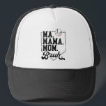 Funny Baseball Mum Bruh with Team Name and Number Trucker Hat<br><div class="desc">Minimalist baseball mum trucker hat design featuring the phrase "Ma. Mama. Mum. Bruh." in bold black letters with a small red heart above,  combining sporty humour with simple,  stylish flair—perfect for game days and proud sports moms.</div>
