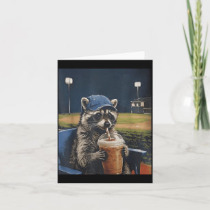 Funny Baseball Racoon Drinking Ice Coffee Live Card