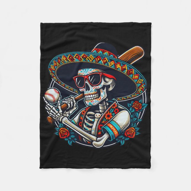 Funny Baseball Skeleton Mexican Sombrero Cool Cinc Fleece Blanket (Front)