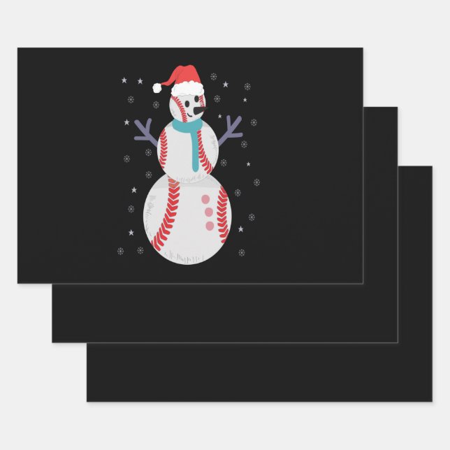 Funny Baseball Snowman Christmas New Year Gift Wrapping Paper Sheet (Set)