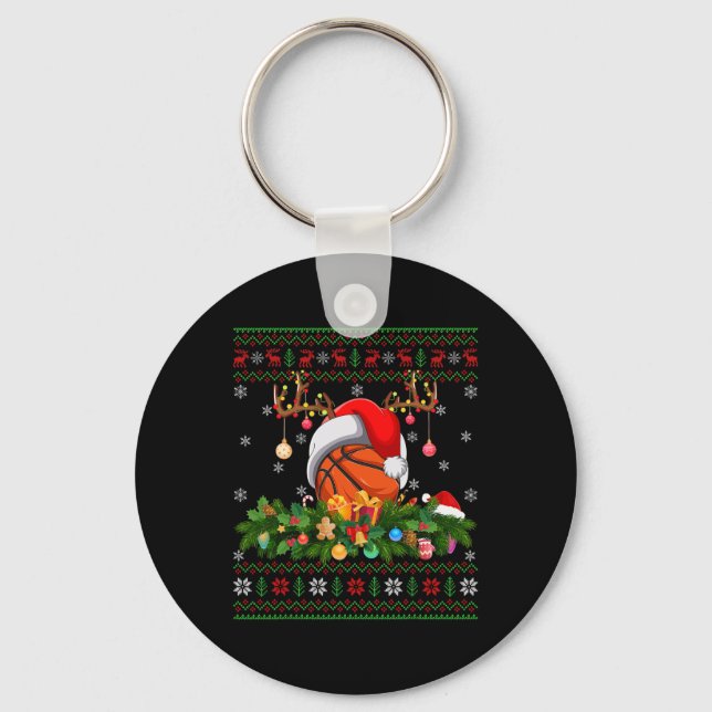Funny Basketball Ball Raindeer Hat Ugly Basketball Key Ring (Front)
