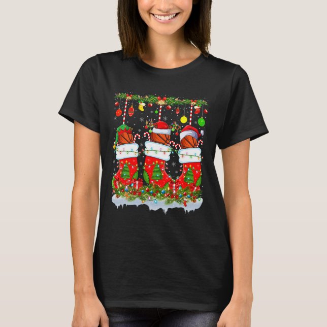 Funny Basketball In Xmas Socks Lights Basketball C T-Shirt (Front)