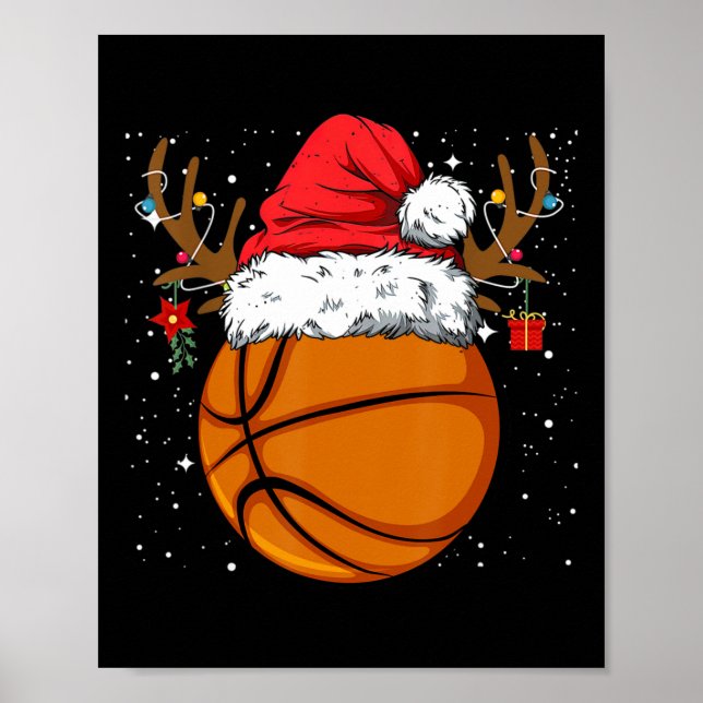 Funny Basketball Reindeer Santa Hat Christmas Holi Poster (Front)