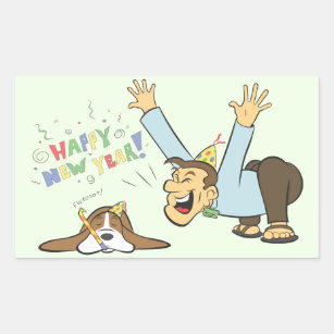 Funny Basset and Man Celebrate New Years Cartoon Rectangular Sticker