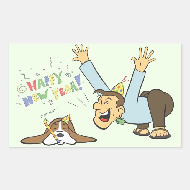 Funny Basset and Man Celebrate New Years Cartoon Rectangular Sticker (Front)